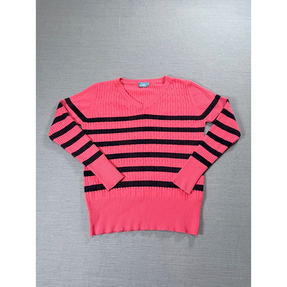 Cielo V-Neck Sweater Womens Medium Pink Navy Blue Excellent Striped Cable Knit